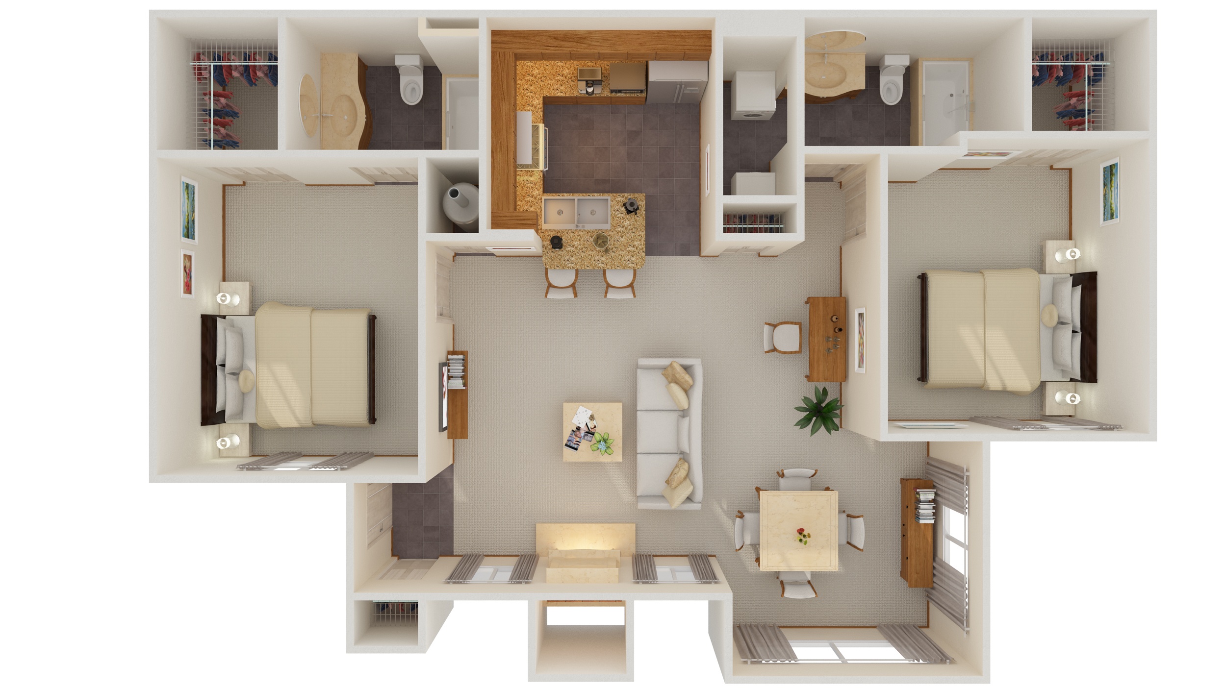 A 3D floor plan of a small apartment with two bedrooms